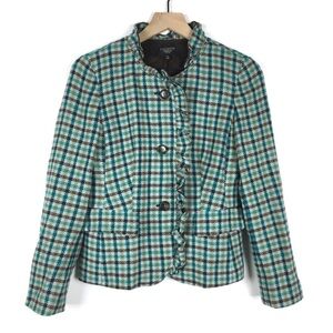 TALBOTS Jacket 100% Wool Plaid Ruffle Blazer Button Dark Academia Petite Size 4P